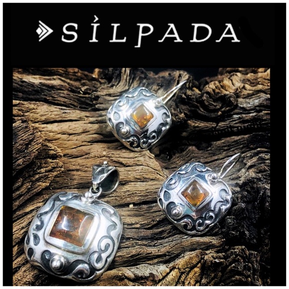 Silpada Retired Amber and Sterling Silver Etched Square Earrings and Pendant Set - Picture 1 of 16
